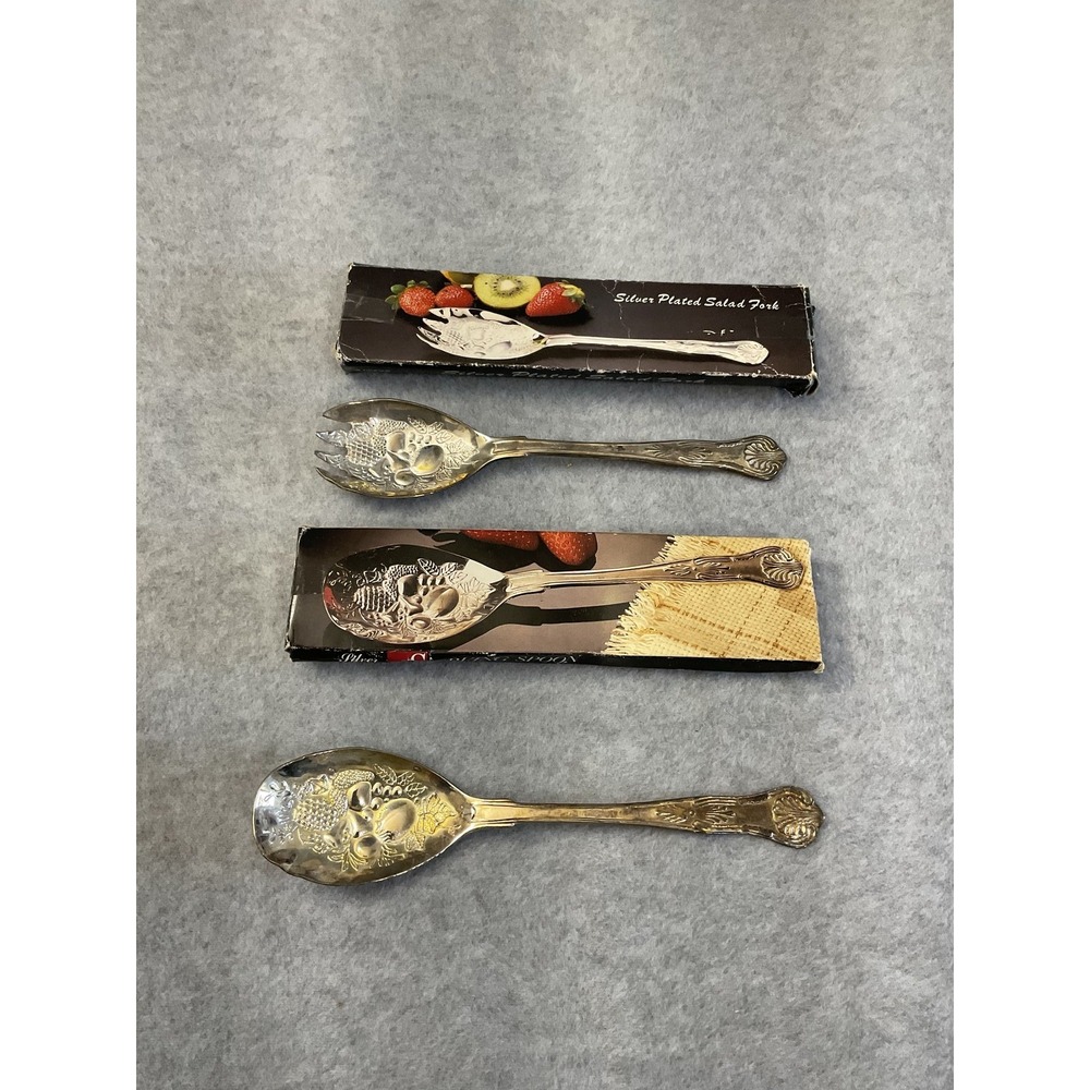 Vintage Silver Plated Salad Serving Set Ornate Floral Fruit Design 2pc India